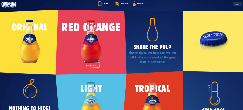 Orangina's "Products" page sports loud colours and fun shapes