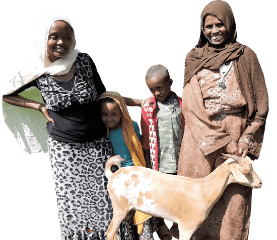 African grandmother and her three grandchildren stand by their goat