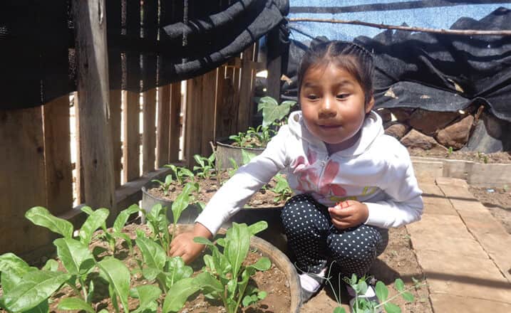 Four-year-old Amayda from Bolivia helps her mother tend their garden