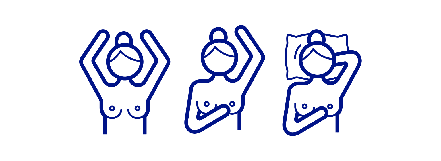Illustration av kvinnokropp i tre olika positioner hur man lär känna sina bröst.