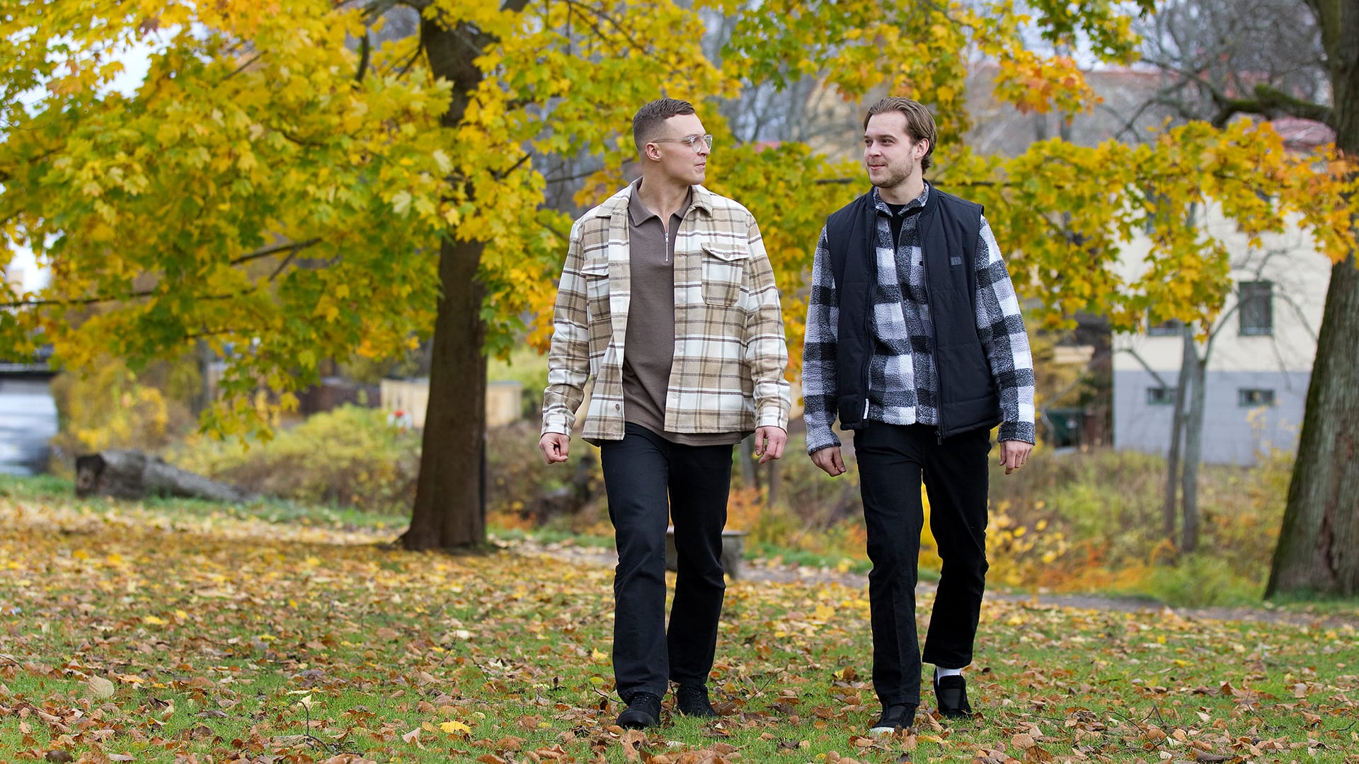 Bröderna Jacob och Adam promenerar i en park färgad gul och röd av höstens intåg.