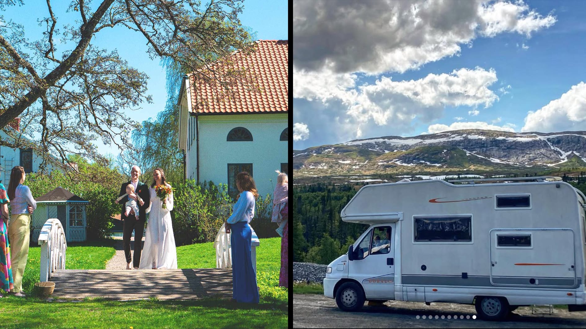 Delat bild på Marcus och Sofia när de gifter sig och en bild på deras husbil. 