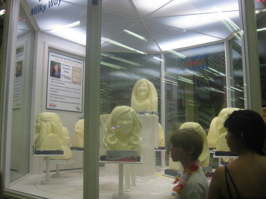 Butter heads. Every year they crown a Princess Kay to be the dairy princess to represent and educate people about the dairy industry in MN. They carve her head and the heads of her court (the other contestants). It takes hours and the poor girls have to sit in this freezing cold booth while an artist sculpts their likeness out of butter.