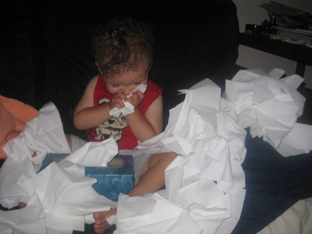This is what I found after going to the kitchen for something to drink. I was super sick and appaerntly Lincolnd decided to imitate mama by pretending to blow his nose...