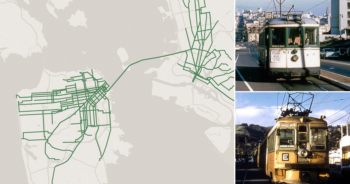                          San Francisco, like many American cities, used to have rail tracks lining most of its major streets. This map shows the route