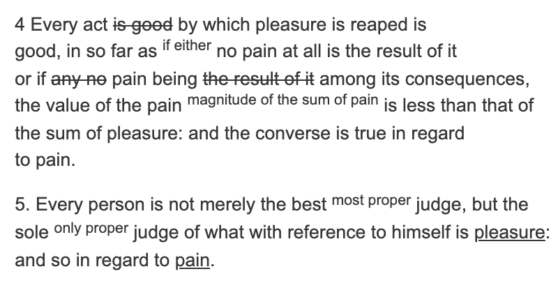 Image of a transcribed Bentham passage, with several strikethroughs deleting text, and several superscripts adding text. The passage is available at the link in the previous footnote.