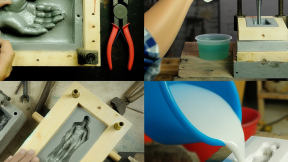 Dall e 2024 02 23 11.33.44   create an image depicting the process of molding and casting  focusing on the stages of creating a mold  pouring liquid material into it  and the fina.webp ha