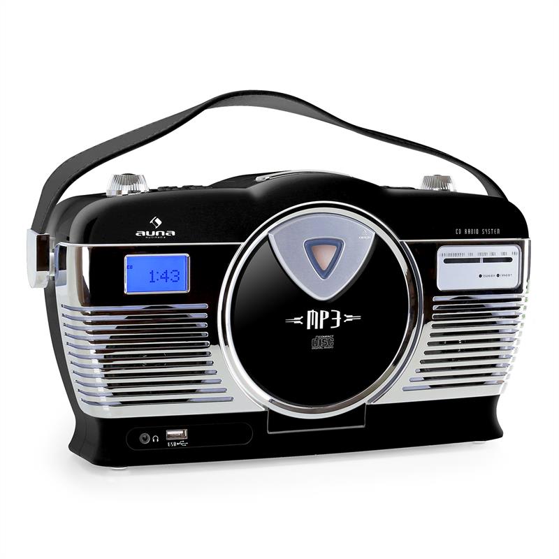 Auna RCD-70BL, retro rádio, FM, USB, CD, MP3, batéria, čierne