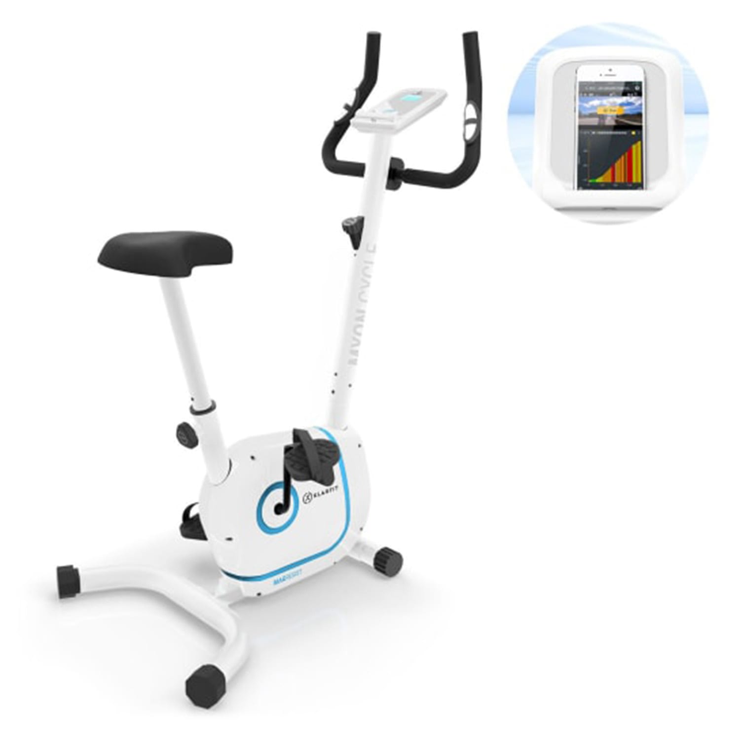 KLARFIT Myon Cycle, domácí rotoped, stacionární, cyklotrenažér, 12 kg setrvačník, SmartCardio Studio, bílý