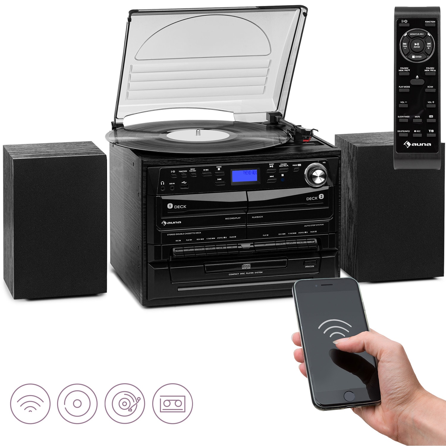 Auna 388-DAB +, stereo systém, 20 W max., desky, CD, kazety, BT, FM / DAB +, USB, černý