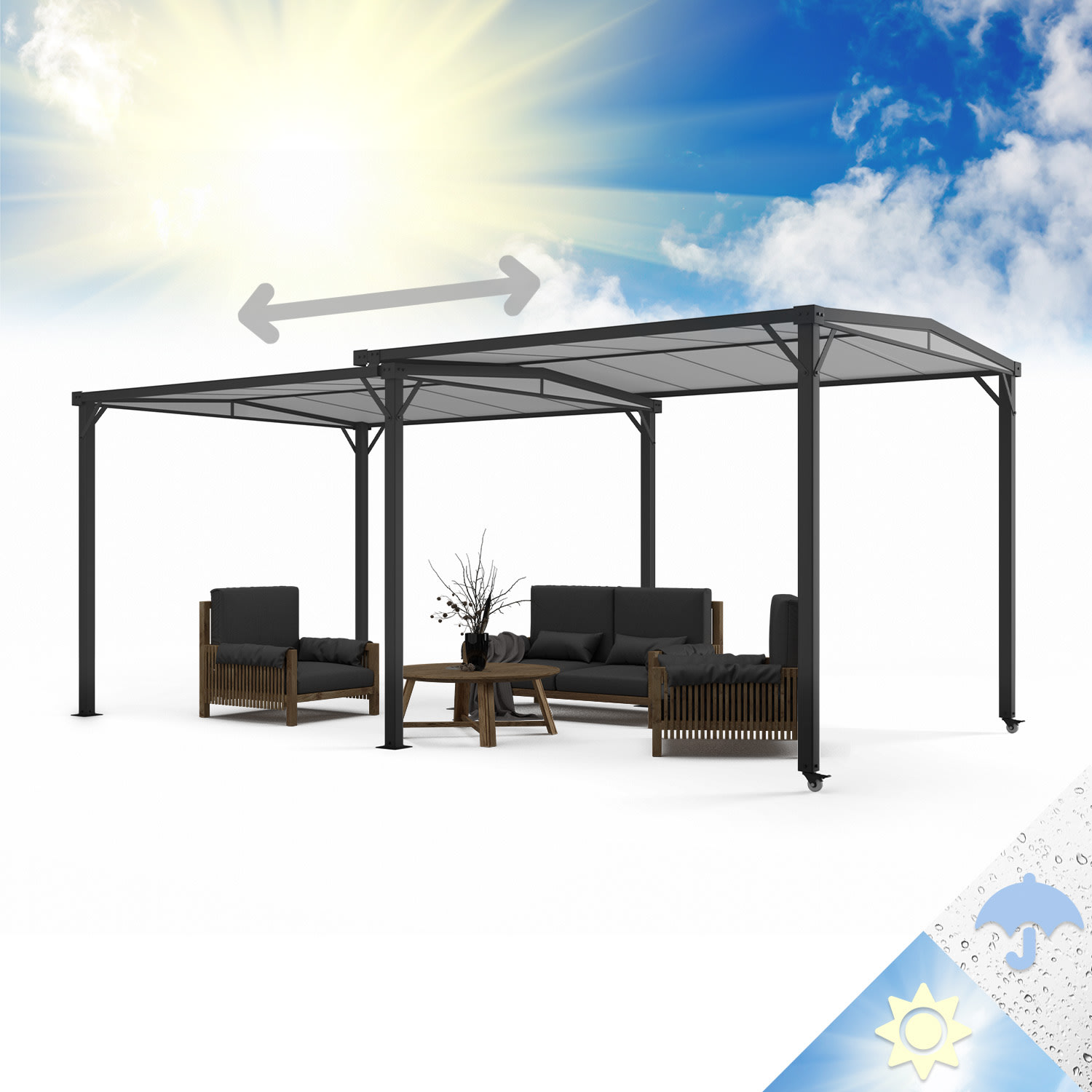 Blumfeldt Pantheon Solid Sky Expand, pergola, dvojitá, 3 x 3 - 5,6 m, hliník, antracitová