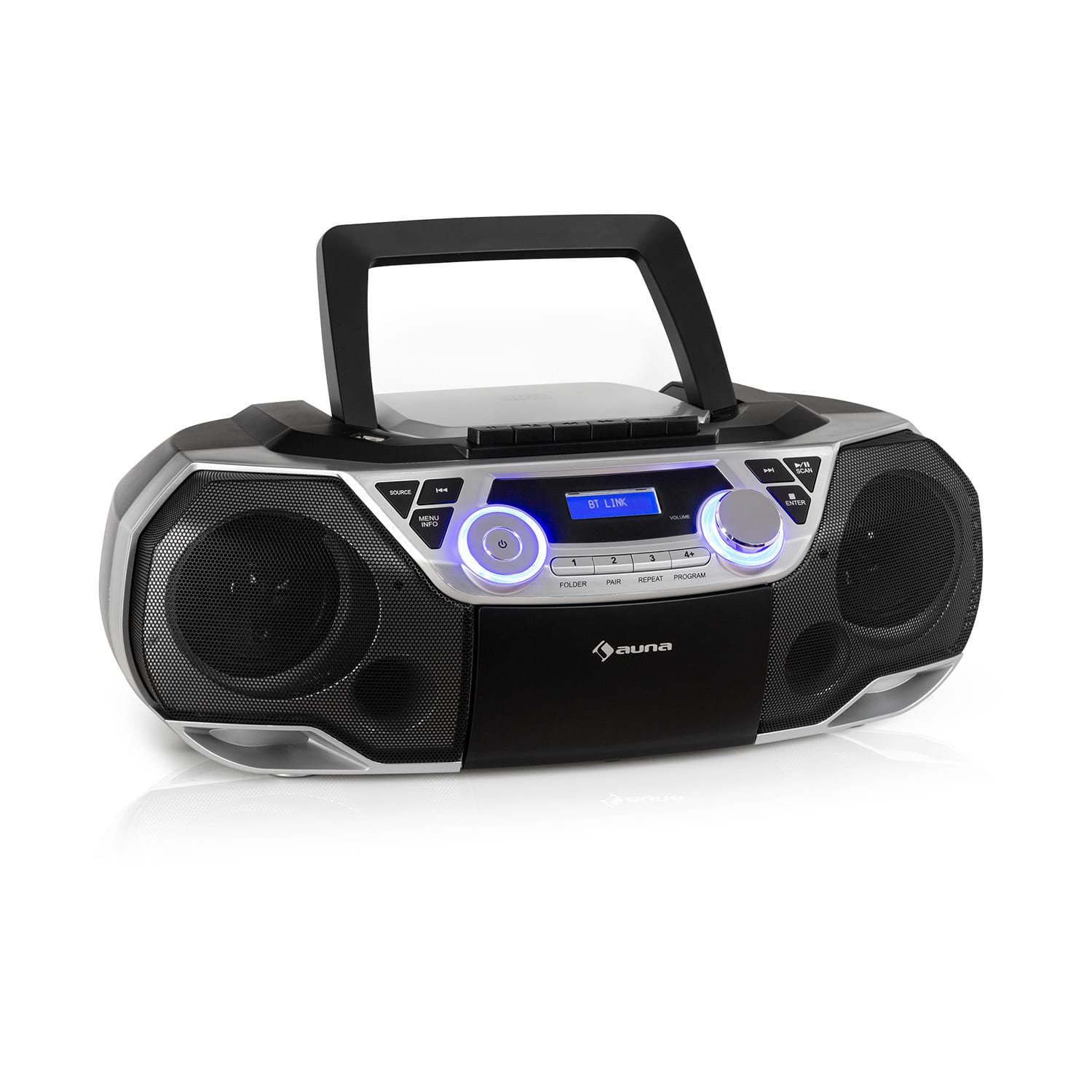 Auna Roadie 2K, boombox, CD přehrávač, kazetové rádio, DAB/DAB+, UKW, bluetooth, stříbrný