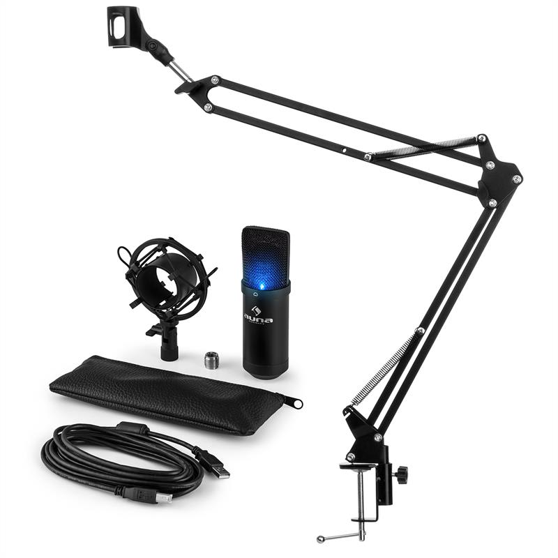 Auna MIC-900B-LED USB MIKROFONNÍ SADA V3 KONDENZÁTOROVÝ MIKROFON + MIKROFONNÍ RAMENO LED