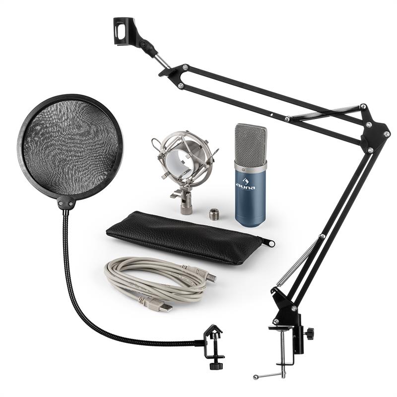 Auna MIC-900BL, USB MIKROFONNÍ SADA V4, MODRÁ, kondenzátorové mikrofony, POP FILTER, mikrofonní rameno