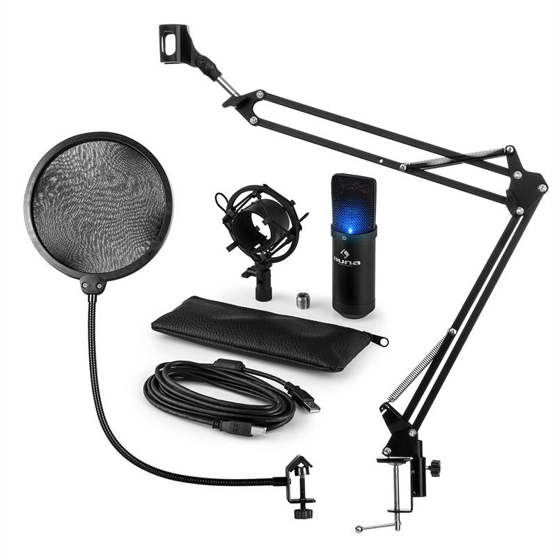 Auna MIC-900B-LED, USB mikrofónová sada V4, čierna, kondenzátorový mikrofón, pop filter, mikrofónové rameno, LED