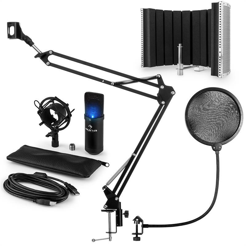 Auna MIC-900B -LED, USB MIKROFONNÍ SADA V5, ČERNÁ, kondenzátorové mikrofony, POP FILTER, AKUSTICKÁ CLONA, mikrofonní rameno