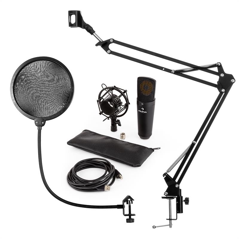 Auna MIC-920B, USB MIKROFONNÍ SADA V4, ČERNÁ, KONDENZÁTOROVÝ MIKROFON, MIKROFONNÍ RAMENO, POP FILTR