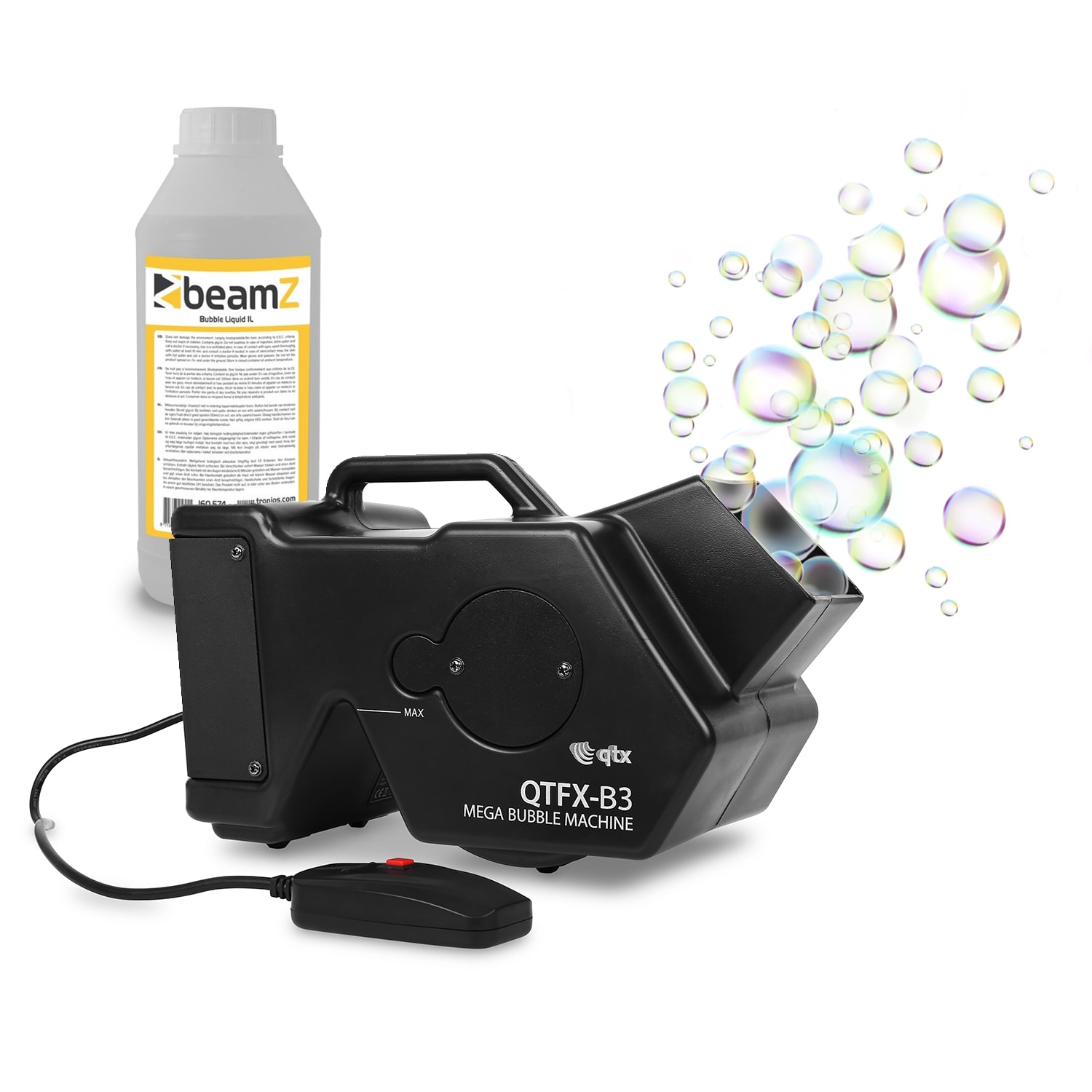 QTX QTFX-B3, Mega Bubble Machine, výrobník mydlových bubliniek, súprava, 1,8 litra + 1 liter kvapaliny