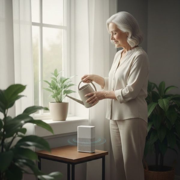 A professional homecare setting showing a modern, discreet smart device on a side table near a senior, illustrating AI homecare as a 24/7 virtual guardian