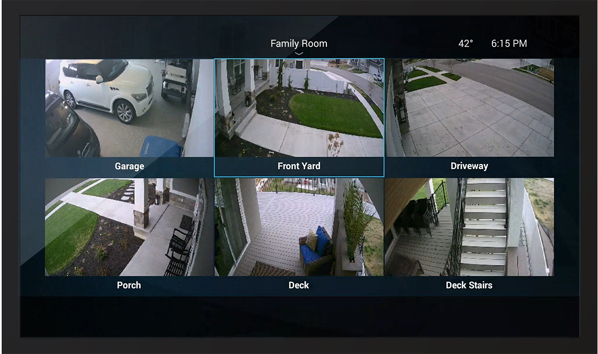 Tv with multiple video camera angles of arond the outside home during the day