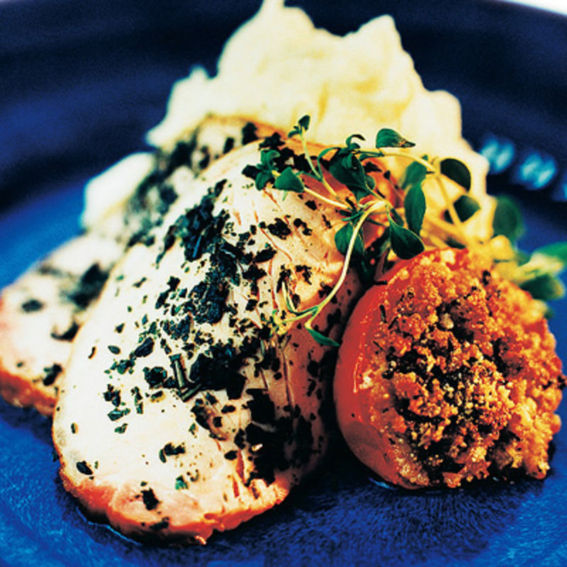 Kassler med gratinerade tomater