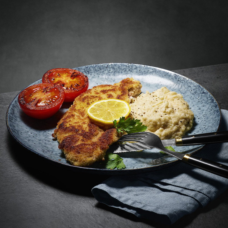 Skinkschnitzel med rostat vitkålsmos
