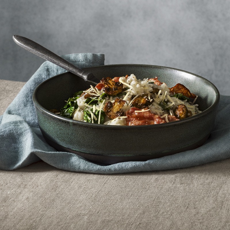Krämig risotto med champinjoner, spenat och rökt skinka
