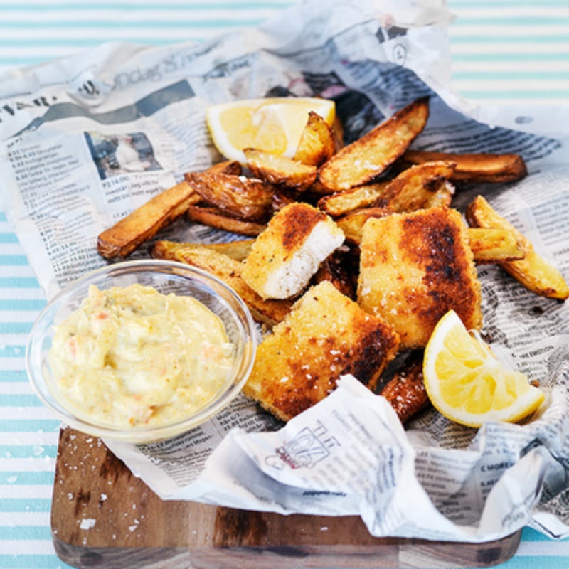 Tofunuggets med pommes och remoulad