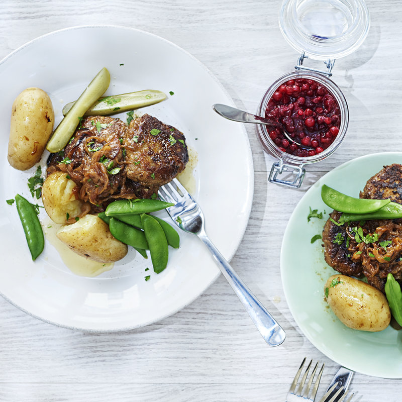Bönfärsbiffar med löksky