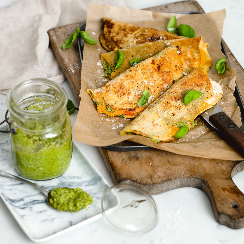 Quesadilla med sötpotatis-spread och broccolipesto
