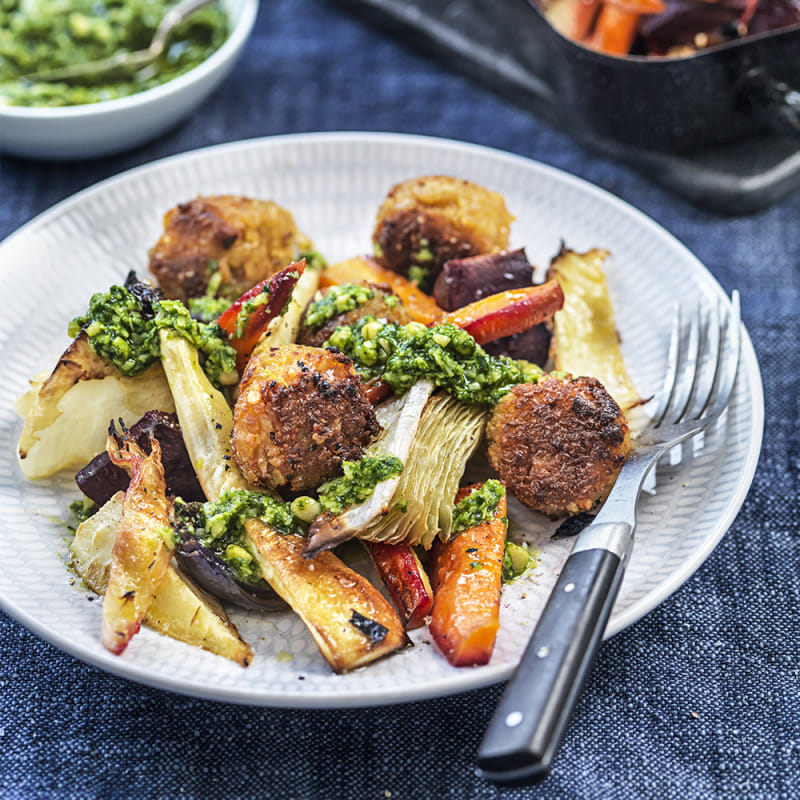 Rostade rotfrukter med spenatpesto