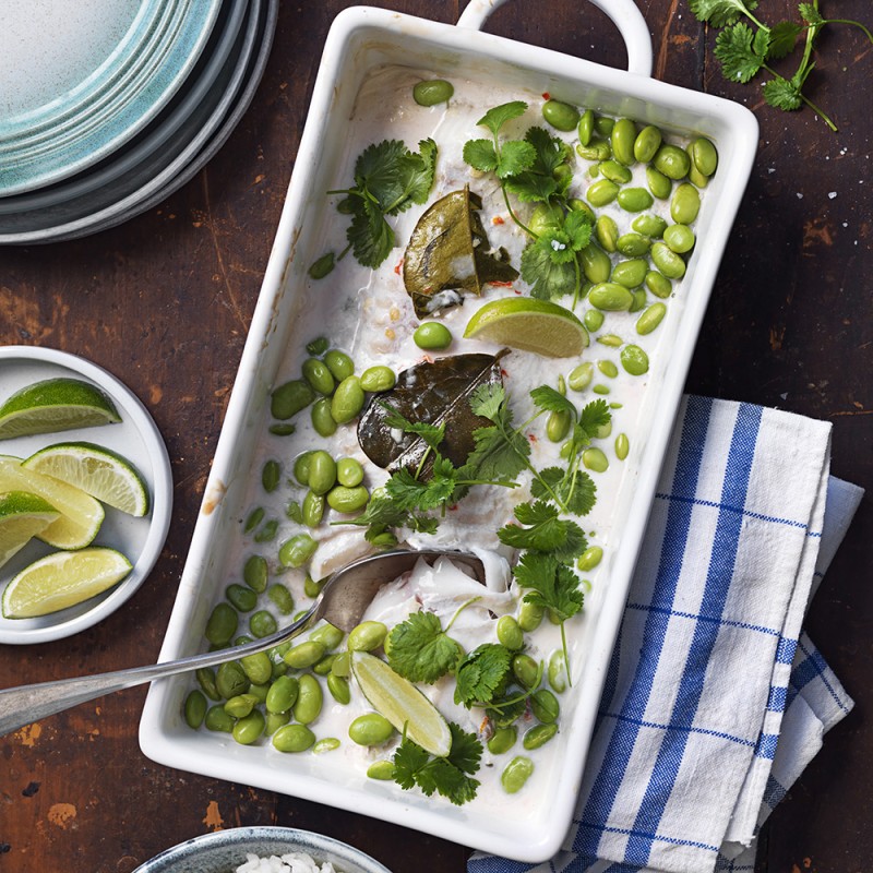 Rimmad kolja med kokosmjölk och limeblad