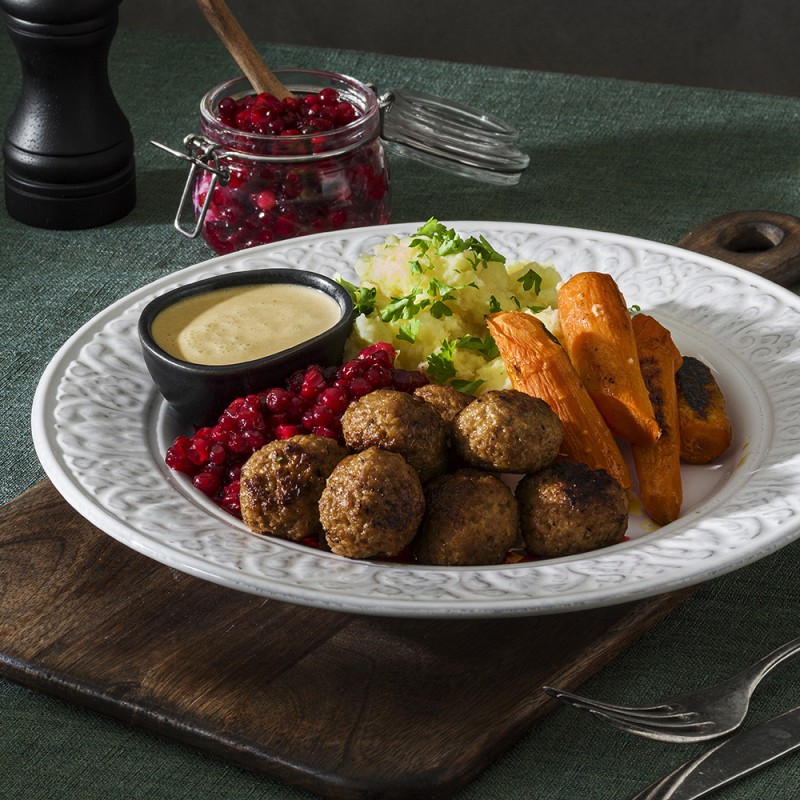 Veganska köttbullar med potatismos och brunsås