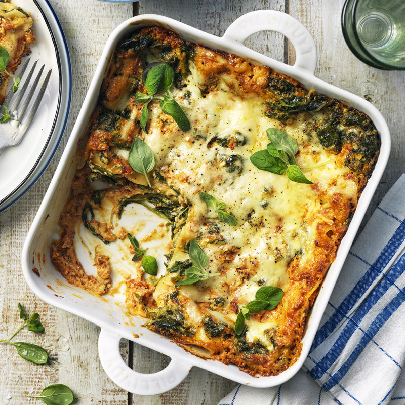 Spenatlasagne med chevre och soltorkad tomat