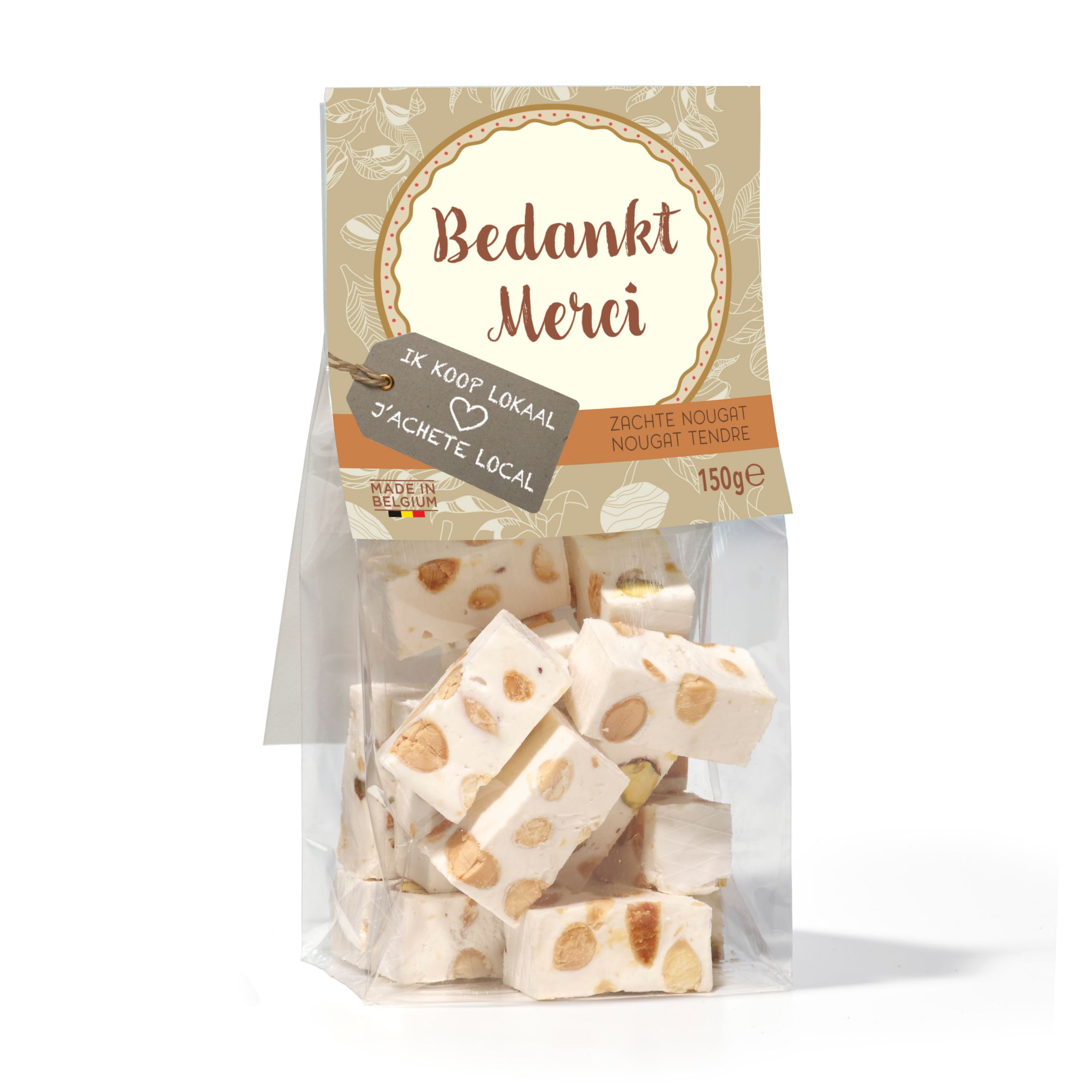 Zakje 150g zachte nougat "Bedankt!"