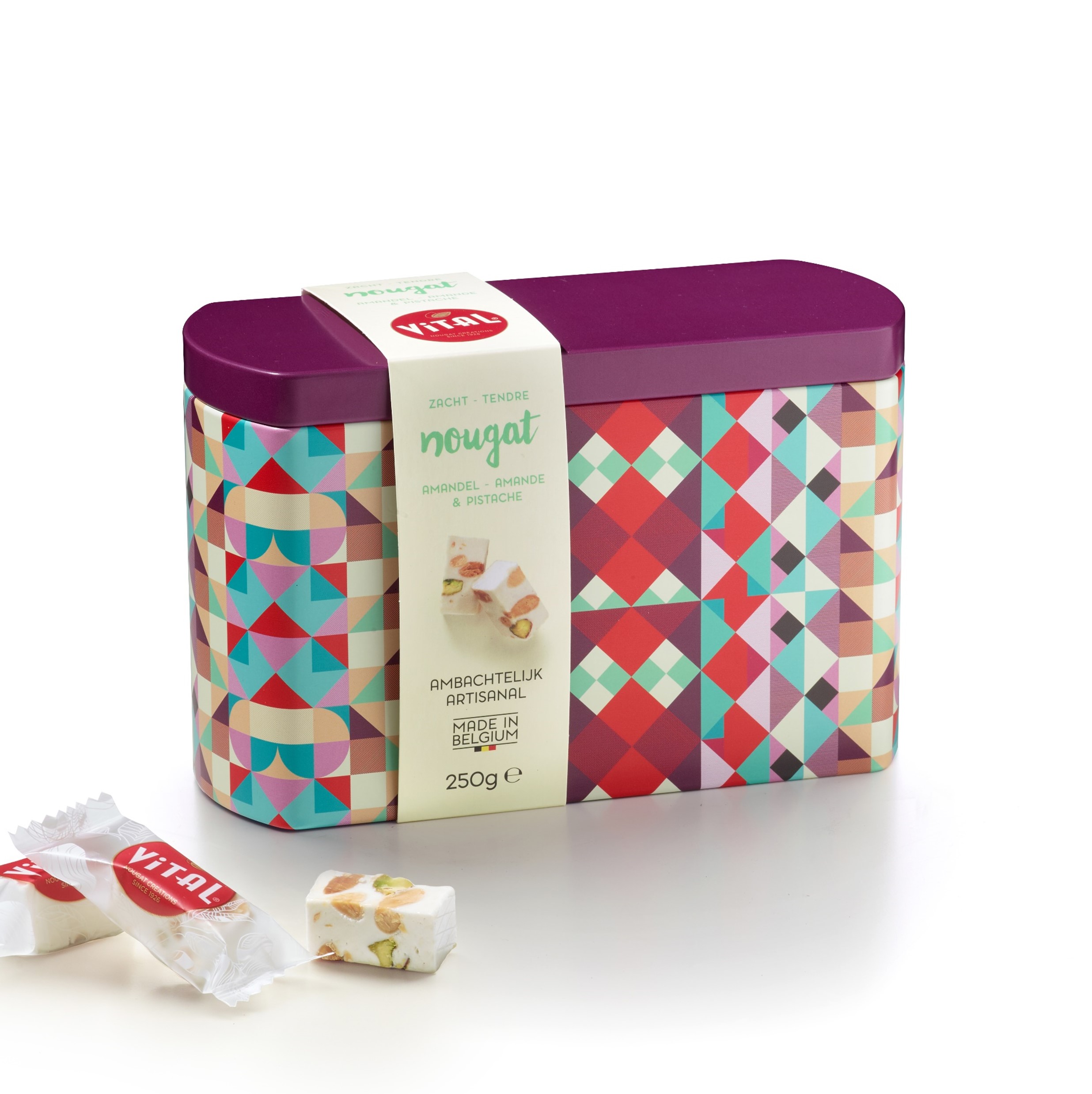 Vintage blik 250g zachte amandel- & pistachenougat (paars deksel)
