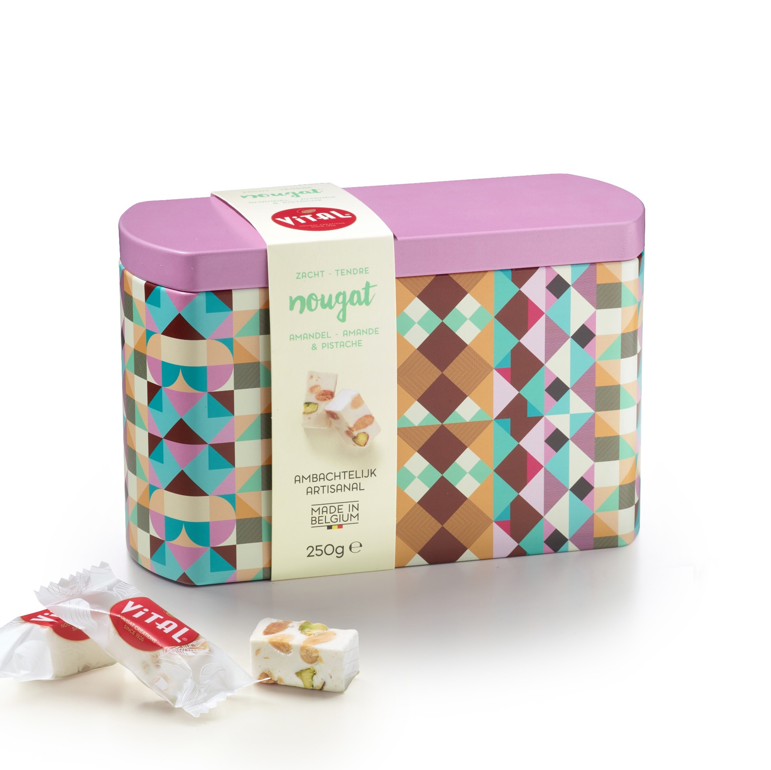 Vintage blik 250g zachte amandel- & pistachenougat (lila deksel)