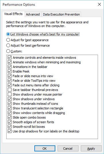 The Performance Options dialog.