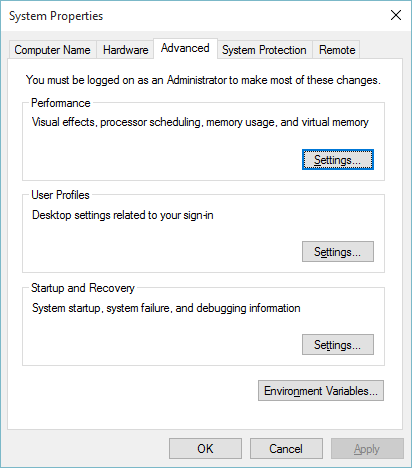 The System Properties dialog.