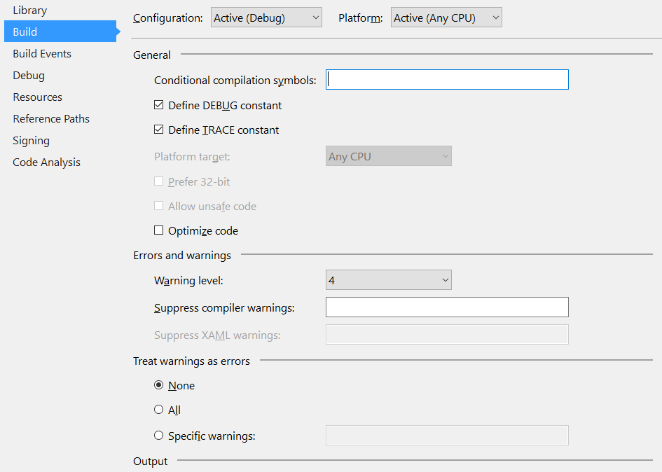 Visual Studio Build Config Settings