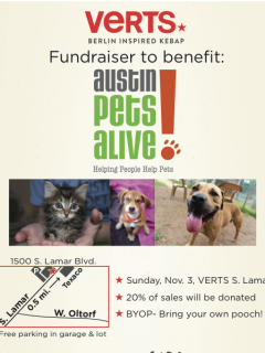 flyer for Austin Pets Alive fundraiser at Verts