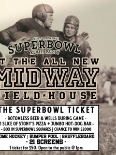 poster for Midway Field House super bowl watch party and soft opening