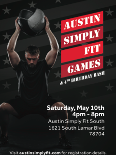 poster for Austin Simply Fit Games and birthday blowout