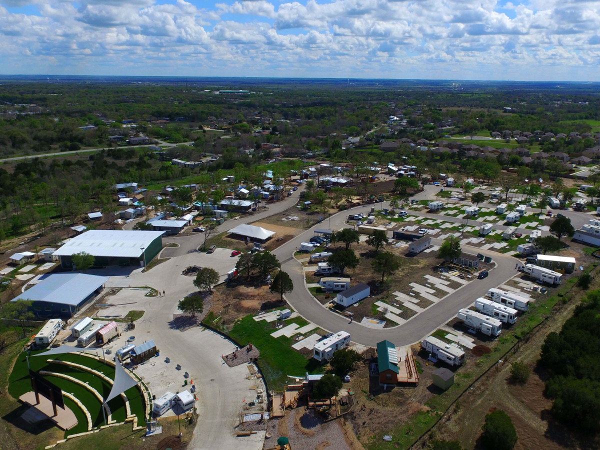 Community First Village homeless development aerial East Austin