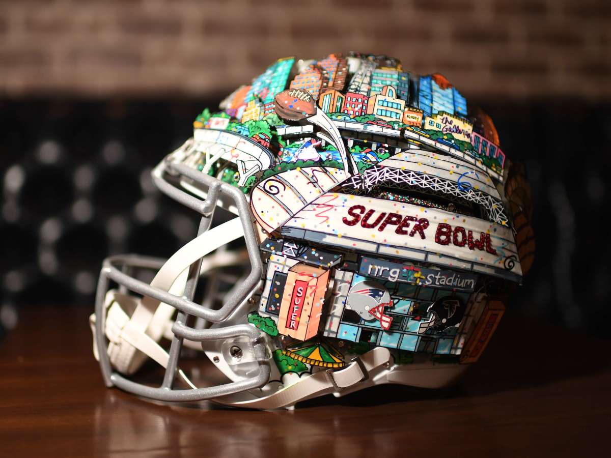 Hand painted Super Bowl LI helmet by Charles Fazzino at Bosscat Kitchen Super Bowl party