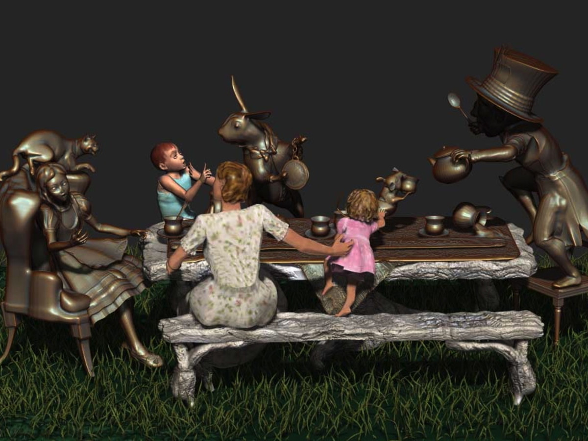 Houston, Evelyn's Park Move One Place On sculpture, July 2015, Alice with people