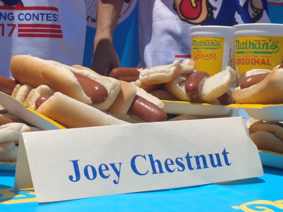 Nathan's Famous Hot Dog Eating Contest 2017 Joey Chestnut sign