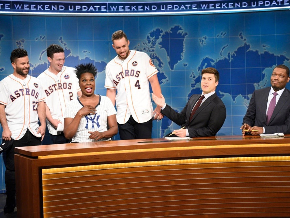 José Altuve, Alex Bregman, George Springer,Leslie Jones, Colin Jost, Michael Che on Saturday Night Live "Weekend Update"