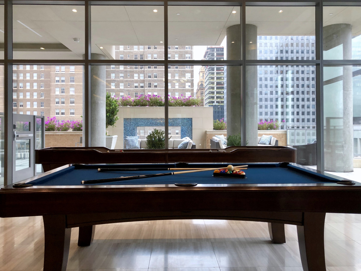 Houston, Aris Market Square, December 2017, pool table and shuffle board games for residents