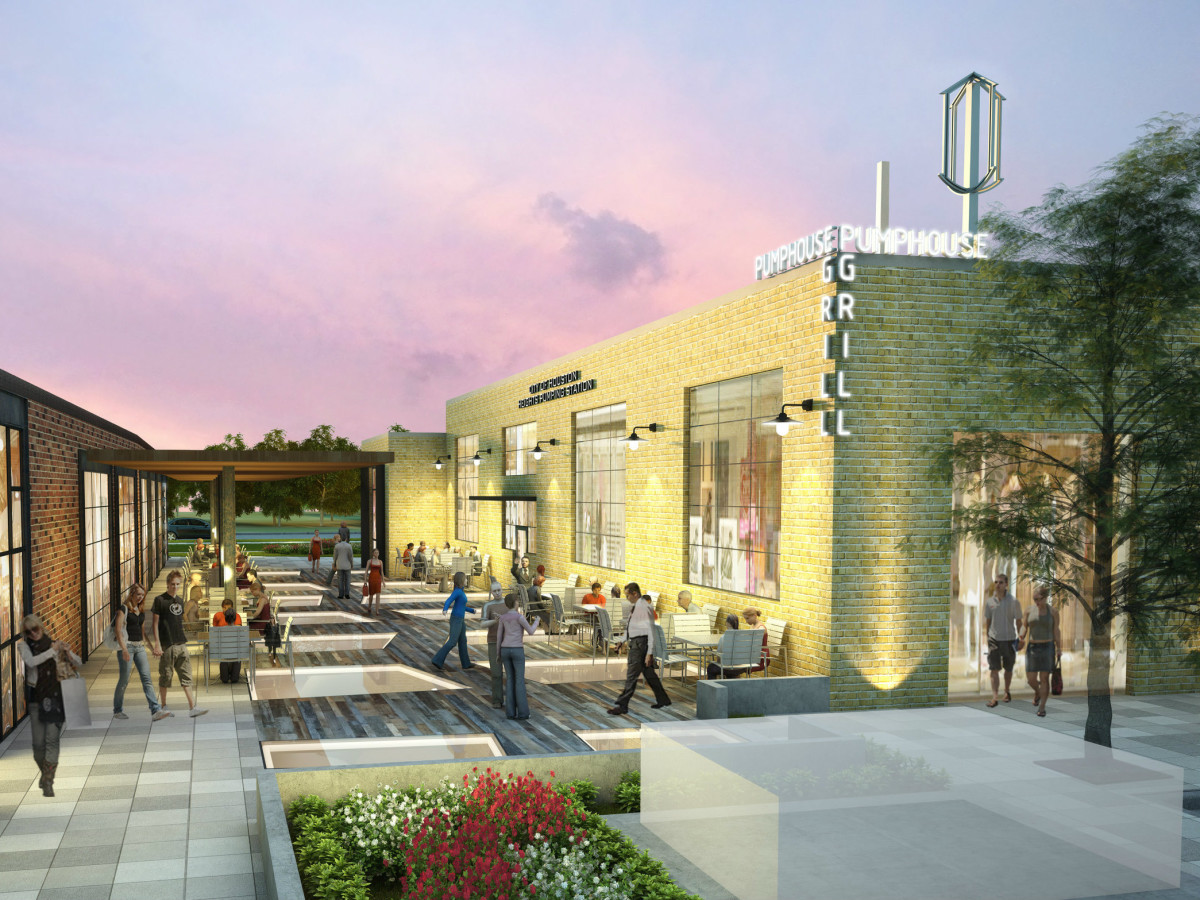 Heights Waterworks exterior rendering shoppers courtyard restaurant
